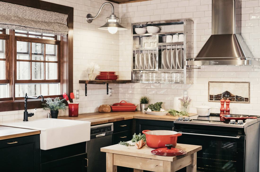 Farmhouse-style kitchen with dark cabinetry and open shelving