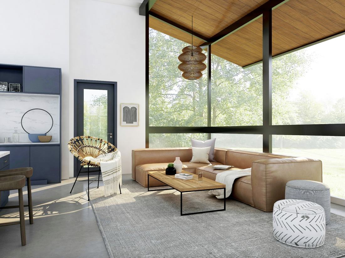 Renovated open-plan kitchen and living space with fireplace