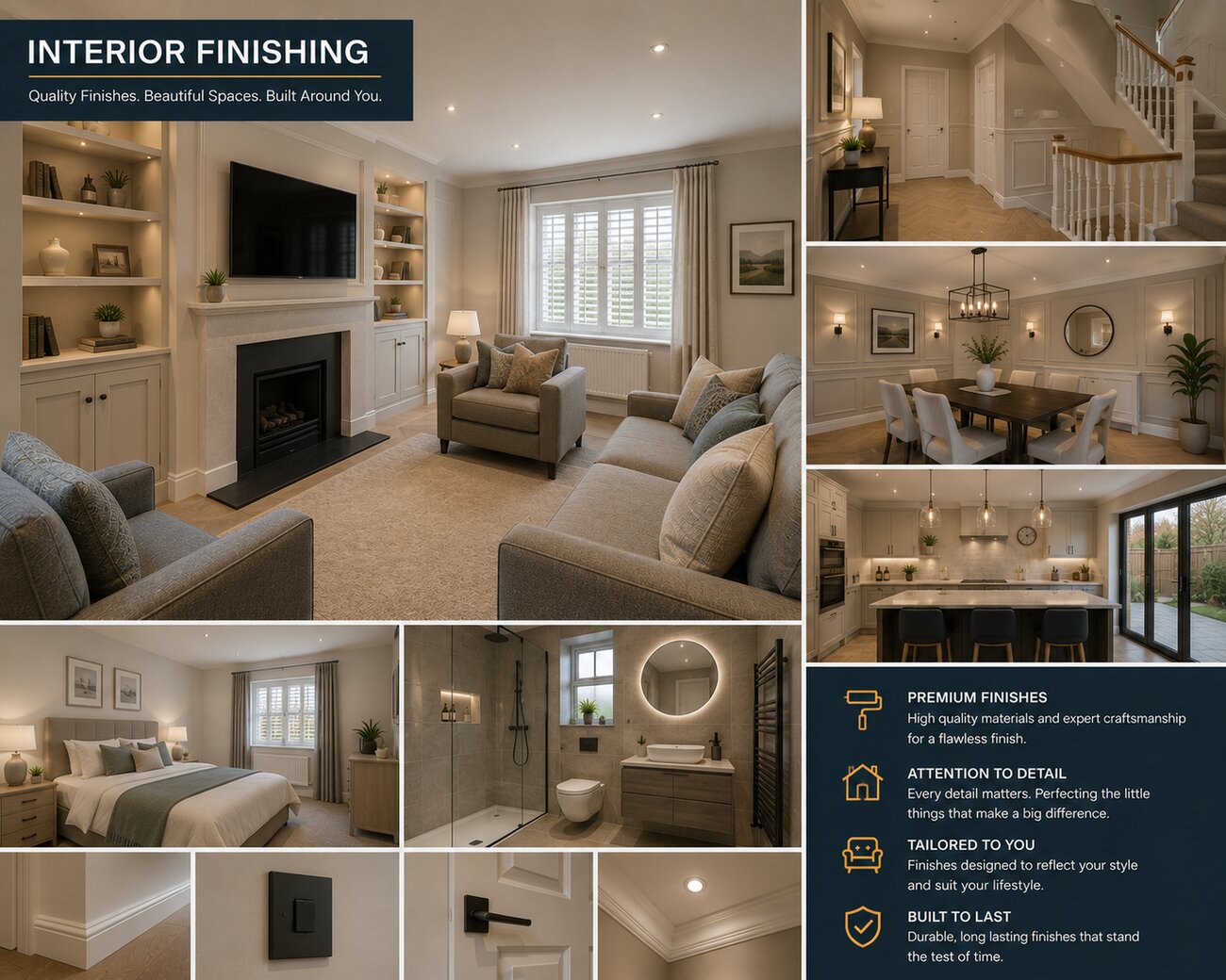 Finished living room with fireplace, shelving and bespoke joinery
