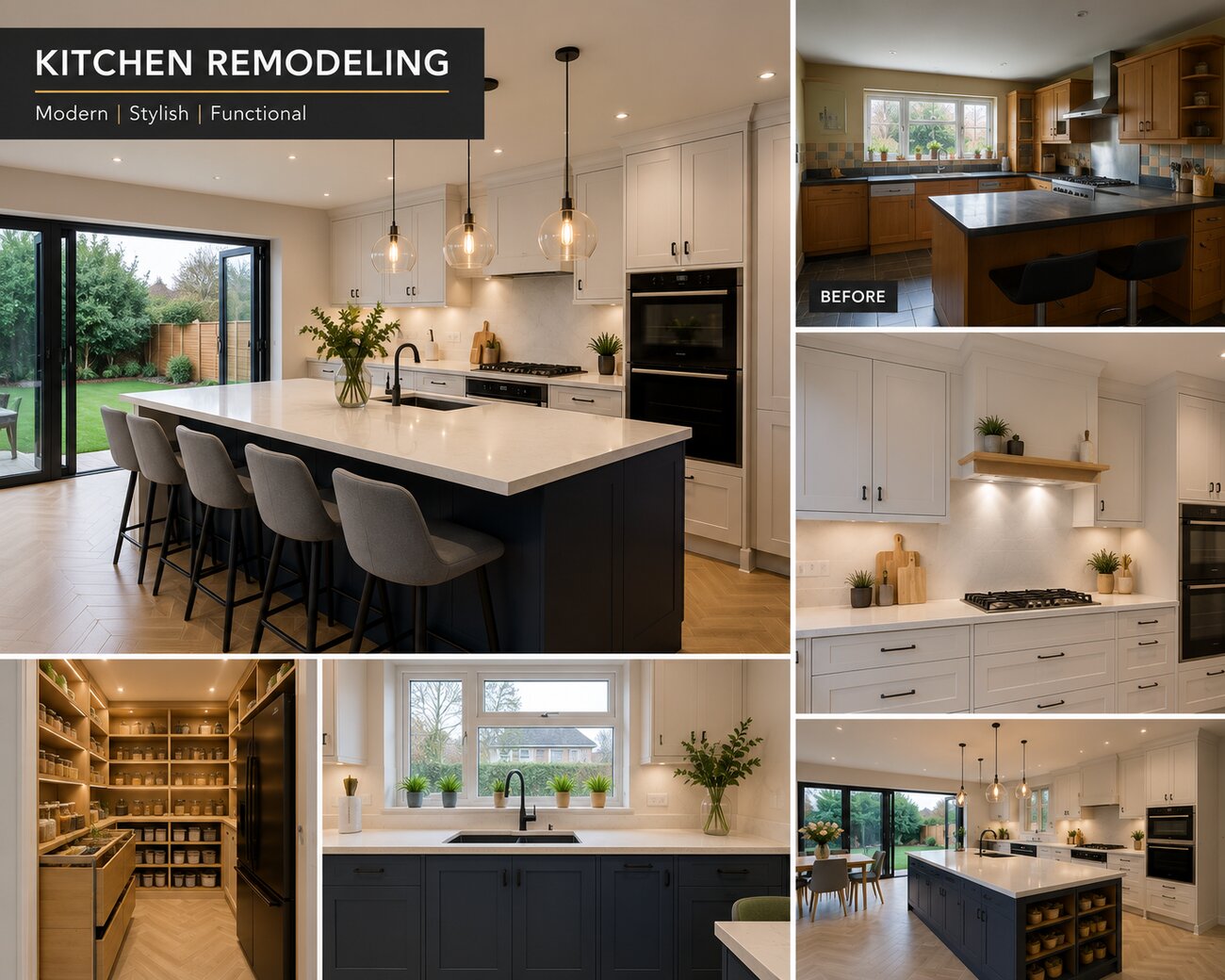 Modern kitchen renovation with navy island and pendant lighting