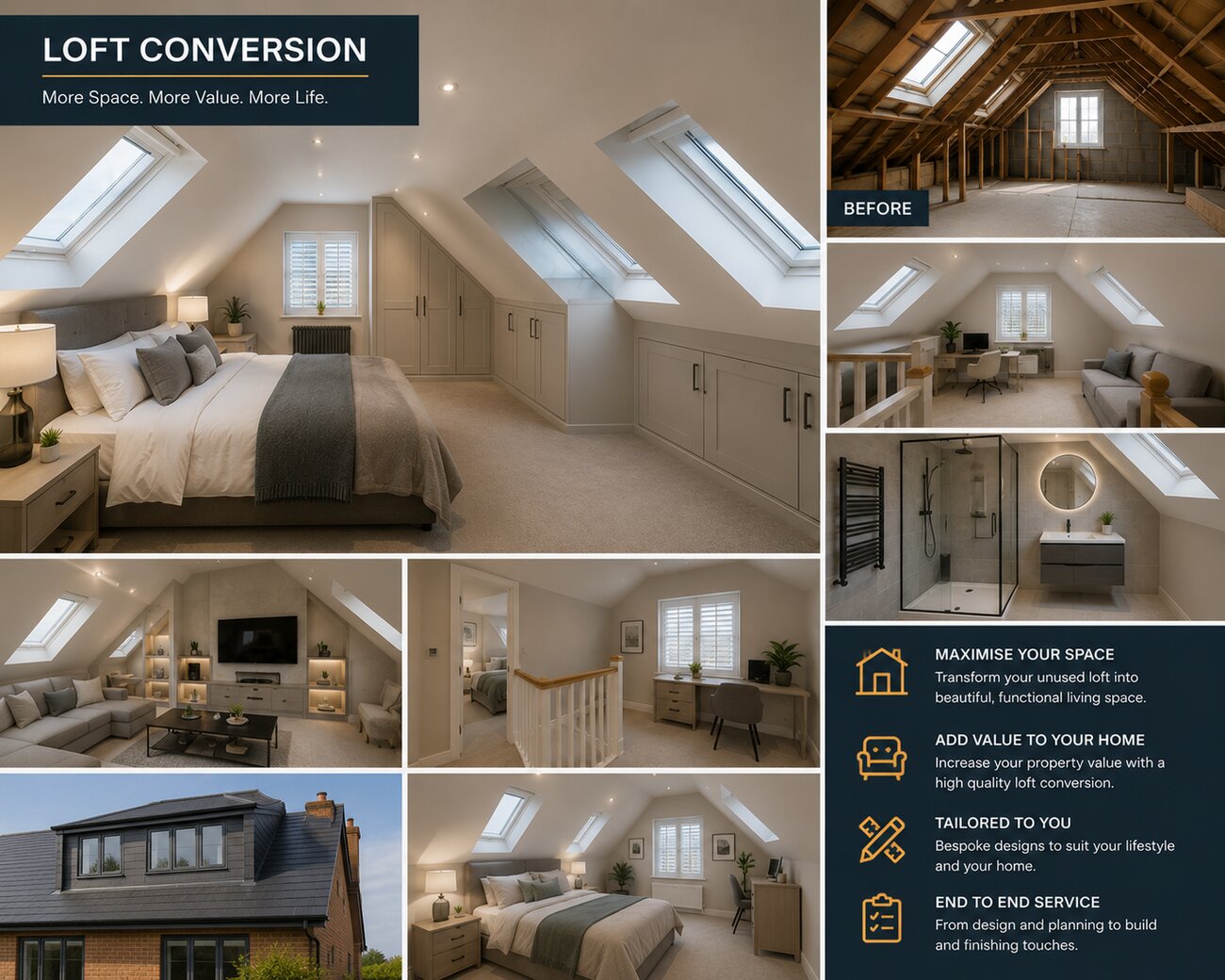Loft conversion bedroom with skylights and fitted wardrobes