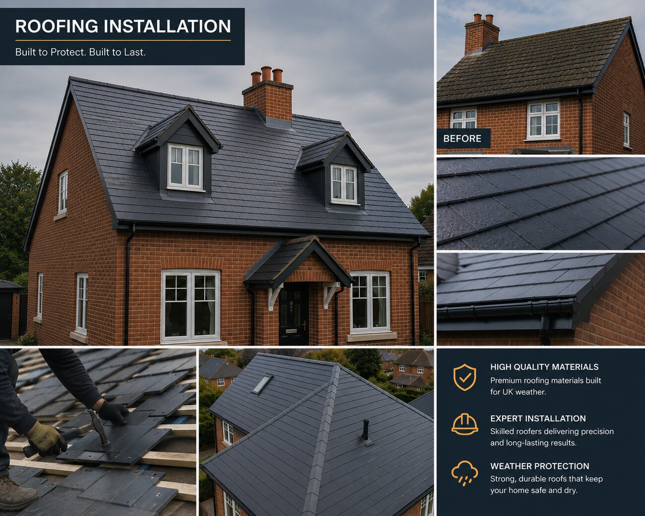 Newly installed slate roof with dormer windows